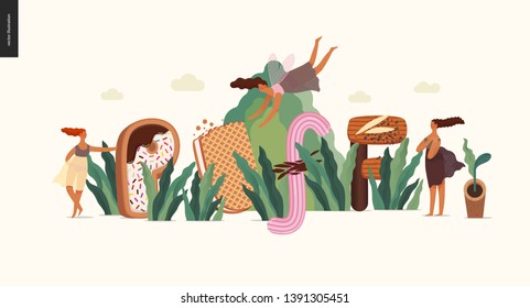 Dessert font - modern flat vector concept digital illustration of temptation font, sweet lettering and girls. Caramel, toffee, biscuit, waffle, cookie, cream and chocolate letters. Lettering Puff
