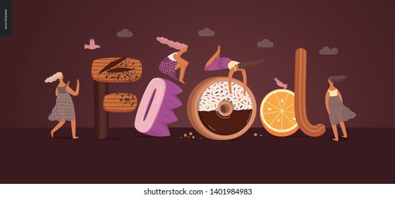 Dessert font - modern flat vector concept digital illustration of temptation font, sweet lettering and girls. Caramel, toffee, biscuit, waffle, cookie, cream and chocolate letters. Lettering Food