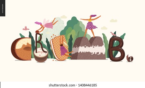 Dessert font - modern flat vector concept digital illustration of temptation font, sweet lettering and girls. Caramel, toffee, biscuit, waffle, cookie, cream and chocolate letters. Lettering Crumb