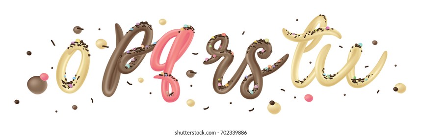 Dessert font set with letters o, p, q, r, s, t, u isolated on white background. Alphabet set made of chocolate, vanilla and strawberry Ice cream. 