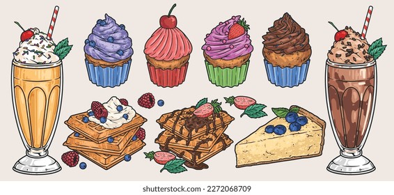 Coloridas etiquetas de selección de comida de postre con bebidas refrescantes y aperitivos dulces de desayuno con muffins y cheesecake ilustración vectorial