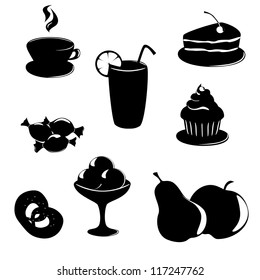 Dessert food and drink black-white icons set