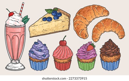 Dessert food emblems set colorful with milkshake and cheesecake near croissants and cupcakes muffin with fruit cream vector illustration