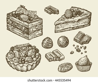 dessert, food. hand drawn cake, pastry, chocolate, cake pie candy sweet sketch vector illustration