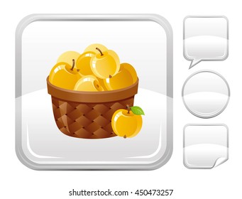 Dessert food icon with apple fruit basket for season concept - summer gardening, autumn farming harvest, thanksgiving day. Square and other blank button forms set - speaking bubble, circle, sticker