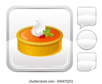 Dessert food icon with pumpkin pie with cranberry and cream for season concept - Thanksgiving dinner, fall farm harvest. Square and other blank button forms set - speaking bubble, circle, sticker
