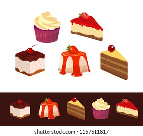 Dessert Food icon set isolated on white and dark backgrounds. Illustrations of Tasty Dishes, Slices of Pie and Cupcake for Cafe and Restaurant decoration