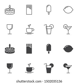 Dessert food icon set, line and glyph version, outline and filled vector sign. linear and full pictogram. Symbol, logo illustration. Set includes icons as cake, chocolate bar, ice cream, tea cup