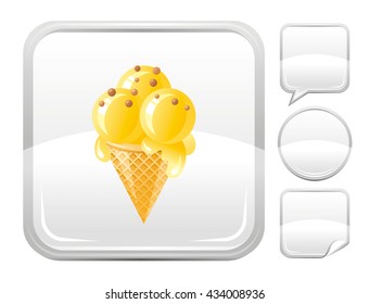 Dessert food icon with vanilla ice cream cone and other blank button forms - speaking bubble, circle, sticker