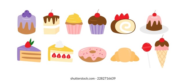 Dessert food illustration. Flat design illustration. Ice cream, candy, cake rolls, donuts, cupcakes, muffins, croissants.