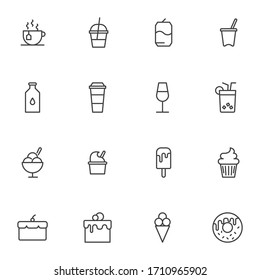 Dessert food line icons set, outline vector symbol collection, linear style pictogram pack. Signs logo illustration. Set includes icons as coffee cup, soda drink, water bottle, ice cream, cake, muffin