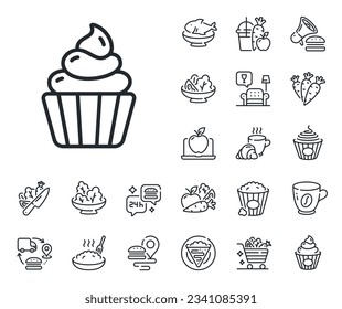 Dessert food sign. Crepe, sweet popcorn and salad outline icons. Cupcake line icon. Cake with cream symbol. Cupcake line sign. Pasta spaghetti, fresh juice icon. Supply chain. Vector