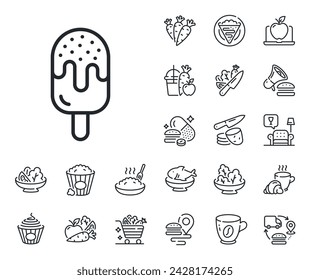 Dessert food sign. Crepe, sweet popcorn and salad outline icons. Ice cream line icon. Frozen gelato symbol. Ice cream line sign. Pasta spaghetti, fresh juice icon. Supply chain. Vector