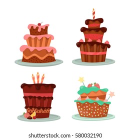Dessert food or sweet cake with candle and cherry, strawberry on top, stars and icing. Cream bakery logo and pastry confectionery design. Set of isolated gift product icons,festive and celebrate theme