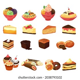 Dessert food, sweet cake set, vector illustration, chocolate pastry from bakery, isolated on white delicious cupcake with tasty cream.