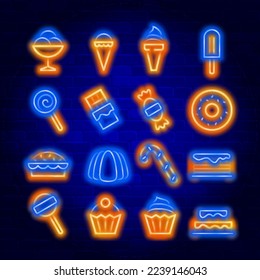 Dessert food vector neon icons set. Neon colors symbols for your design.