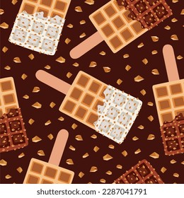 Dessert food, vector seamless pattern of golden brown homemade corn dog on a stick with nuts and chocolate.