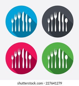 Dessert fork, knife, teaspoon sign icon. Cutlery collection set symbol. Circle buttons with long shadow. 4 icons set. Vector