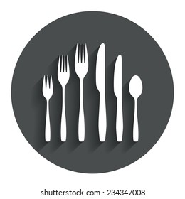 Dessert fork, knife, teaspoon sign icon. Cutlery collection set symbol. Gray flat button with shadow. Modern UI website navigation. Vector