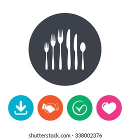 Dessert fork, knife, teaspoon sign icon. Cutlery collection set symbol. Download arrow, handshake, tick and heart. Flat circle buttons.