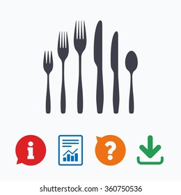 Dessert fork, knife, teaspoon sign icon. Cutlery collection set symbol. Information think bubble, question mark, download and report.