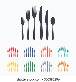 Dessert fork, knife, teaspoon sign icon. Cutlery collection set symbol. Colored flat icons on white background.