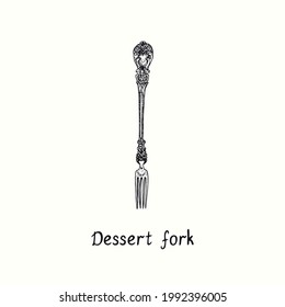 Horquilla de postre con decoración de estilo retro. Ilustración de estilo vintage de dibujos en blanco y negro con tinta