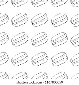 Dessert french macaroons or macaron. Seamless vector pattern for paper, wrapping, fabrics. Vintage illustration art pastel colors on white background.