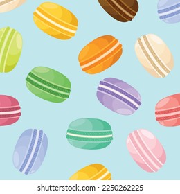 Dessert french macaroons or macaron. Seamless vector pattern for paper, wrapping, fabrics. cartoon flat design illustration art pastel colors on colorful background.