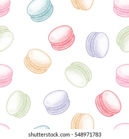 Sobremesa macaroons franceses ou macaron. Padrão vetorial sem costura para papel, embrulho, tecidos. Ilustração vintage arte cores pastel no fundo branco.