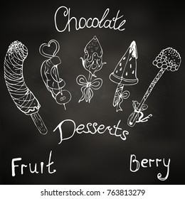 dessert, fruit on a stick in chocolate. illustration, fondue. frozen fruits, strawberries, raspberries, pineapple, banana, watermelon on a chalk board