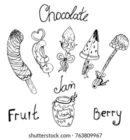 
dessert, fruit on a stick in chocolate.illustration, fondue.frozen fruits, strawberries, raspberries, pineapple, banana, watermelon