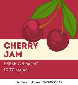 Dessert with fruit pectin for healthy and balanced diet. Addition to dishes and pastry. Cherry jam, fresh and natural product label or logotype, sticker or emblem for package. Vector in flat style