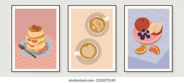 Dessert and fruit wall art vector set. Hand drawn doodle design with pancake, coffee, apple, strawberry, orange. Illustration for print, wallpaper, cover, restaurant picture decoration, cafe interior.