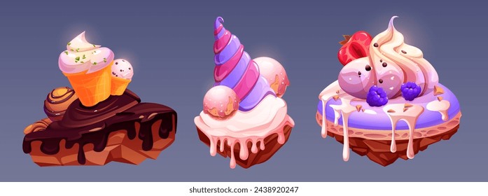 Dessert game floating islands. Cartoon vector set of sweet confectionery on flying platform. Pieces of fantasy fairytale candy land with ice cream and chocolate, macaroon with berries and swirl creamy