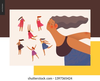 Dessert girl power set - modern flat vector concept digital illustration of various girls, jumping, dancing, dreaming, thinking, running