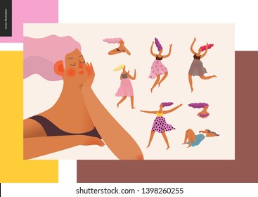 Dessert girl power set - modern flat vector concept digital illustration of various girls, jumping, dancing, dreaming, thinking, running