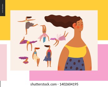 Dessert girl power set - modern flat vector concept digital illustration of various girls, jumping, dancing, dreaming, thinking, running