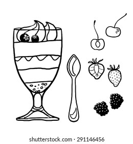 Dessert in a glass contour illustration with various toppings