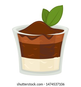 Dessert in glass layered mousse and chocolate cocoa and leaf vector isolated container with delicious filling meal and mint foliage on top decorated, mousse creamy caramel in bottle flat style