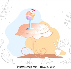Dessert ice cream balls in a vase and umbrella, vector color illustration