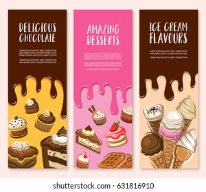 Dessert, ice cream and chocolate pastry banner set. Cake, cupcake, strawberry pie, ice cream cone, fruit cream dessert, brownie, muffin, cheesecake and belgian waffle menu cover design