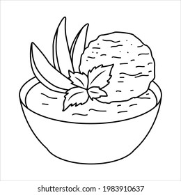 Dessert, ice cream in a cup with fruit slices. Decorated with mint castings. Dessert menu restaurant concept. Modern street food logo design. Vector outline hand drawn illustration in doodle style