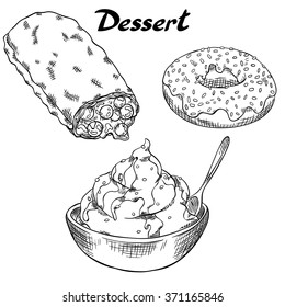 Dessert. Ice cream, donut and pie with berries. Isolated set with the inscription