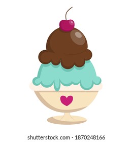 Dessert with ice cream. A large portion of cream treats with cherries. Chocolate, cream, and blue ice cream.Isolated on a white background.