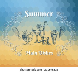 ?ocktails, dessert, ice cream and ornaments on the yellow and blue hexagons background. Main dishes of summer menu. Vector illustration.