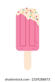 Dessert ice cream sticker concept. Wooden stick with fruit delicacy and sprinkles, gourmet. Graphic element for website. Cartoon flat vector illustration isolated on white background