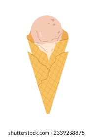 Dessert ice cream sticker concept. Waffer cone with vanilla frozen delicacy at hot weather and summer season. Poster or banner. Cartoon flat vector illustration isolated on white background