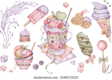 Dessert and ice cream watercolor illustrations