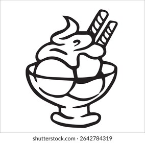 dessert with ice cream and whipped cream. vector doodle illustration	